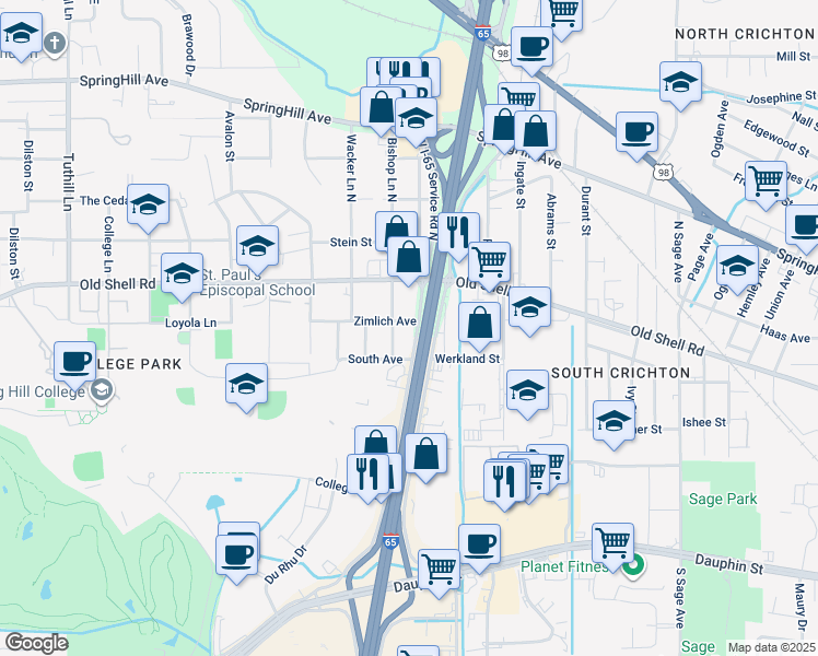 map of restaurants, bars, coffee shops, grocery stores, and more near 165 East Interstate 65 Service Road South in Mobile