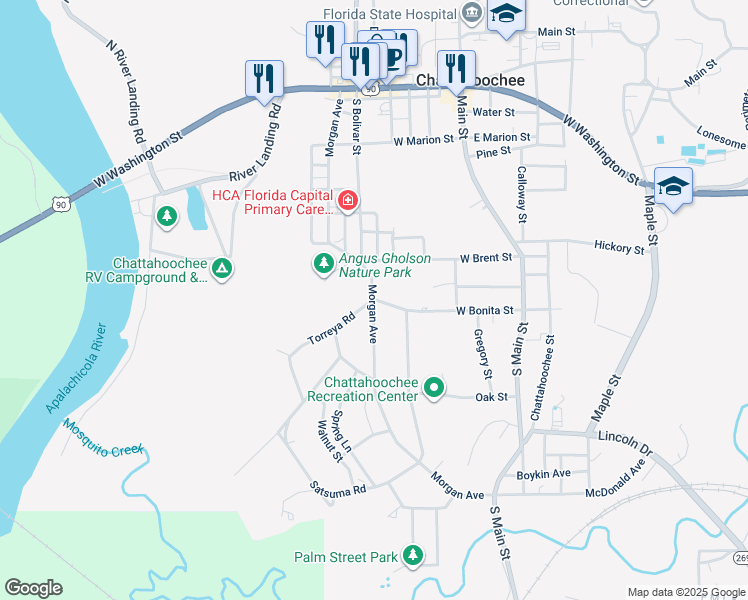 map of restaurants, bars, coffee shops, grocery stores, and more near 701 Morgan Avenue in Chattahoochee