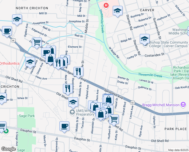 map of restaurants, bars, coffee shops, grocery stores, and more near 261 Siena Vista Street in Mobile