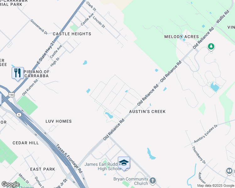 map of restaurants, bars, coffee shops, grocery stores, and more near 3175 Old Reliance Road in Bryan