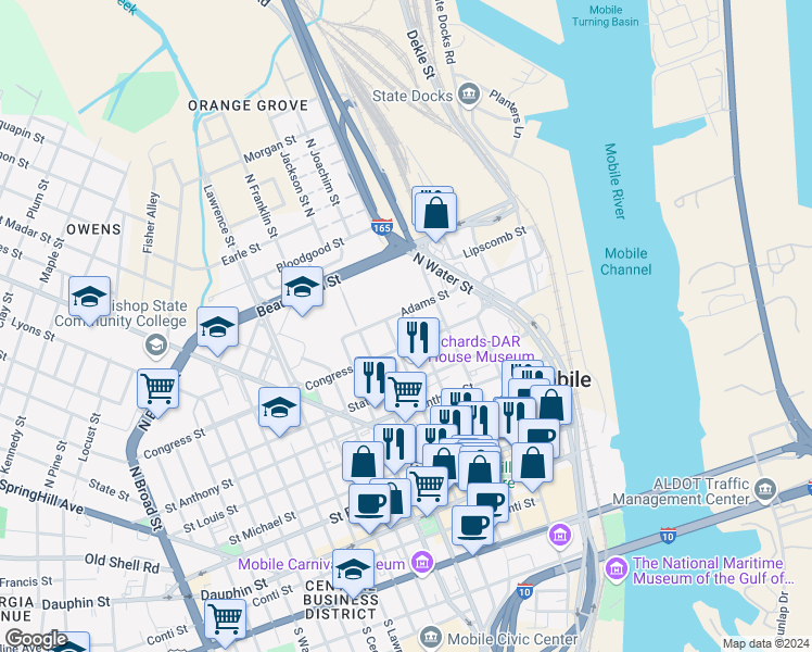 map of restaurants, bars, coffee shops, grocery stores, and more near 315 North Conception Street in Mobile