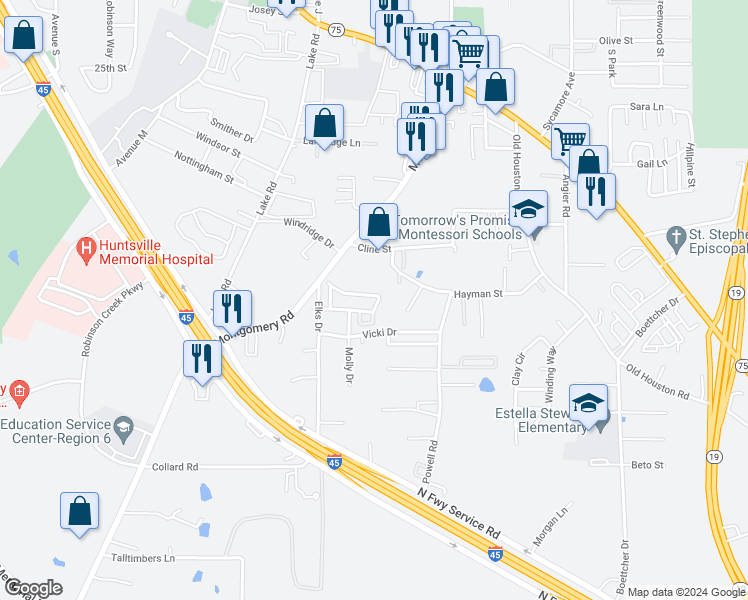 map of restaurants, bars, coffee shops, grocery stores, and more near 148 Sendero Drive in Huntsville