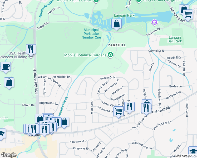 map of restaurants, bars, coffee shops, grocery stores, and more near 5228 Border Drive North in Mobile
