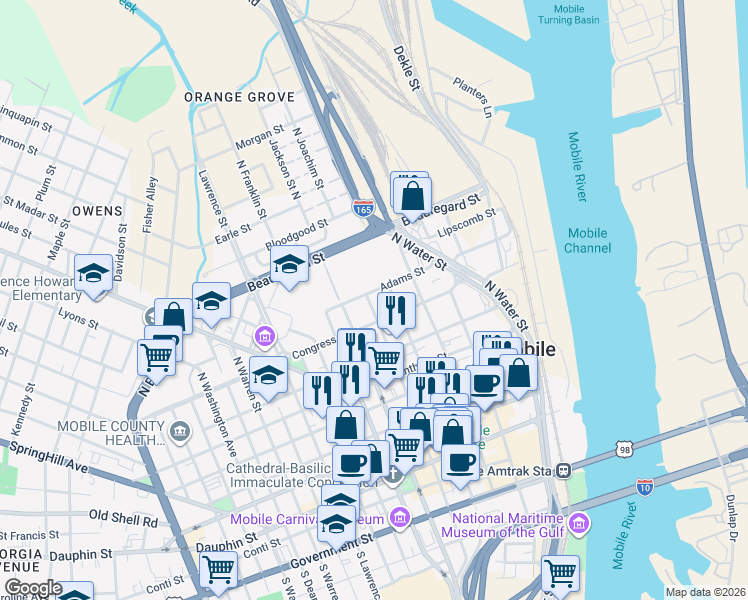 map of restaurants, bars, coffee shops, grocery stores, and more near 310 North Joachim Street in Mobile