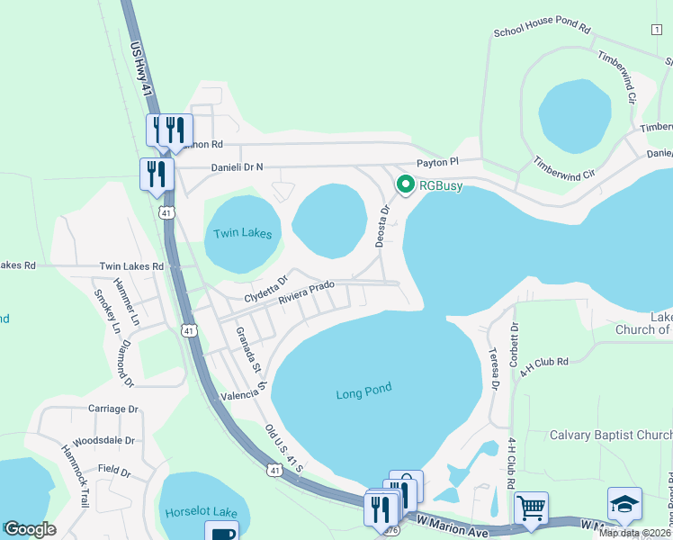 map of restaurants, bars, coffee shops, grocery stores, and more near 5721 Clydetta Drive in Lake Park