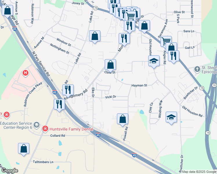 map of restaurants, bars, coffee shops, grocery stores, and more near 144 Sendero Drive in Huntsville