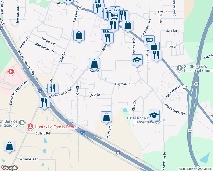 map of restaurants, bars, coffee shops, grocery stores, and more near 715 Hayman Street in Huntsville