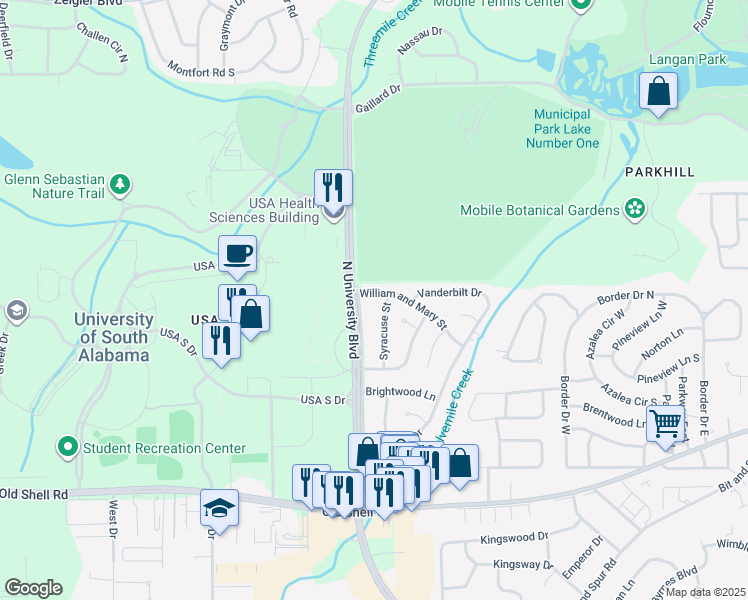 map of restaurants, bars, coffee shops, grocery stores, and more near 5658 William and Mary Street in Mobile