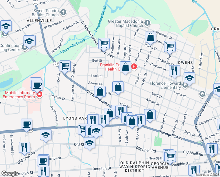 map of restaurants, bars, coffee shops, grocery stores, and more near 259 Lexington Avenue in Mobile