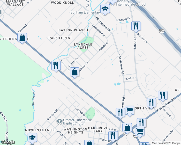 map of restaurants, bars, coffee shops, grocery stores, and more near 2707 Redcap Street in Bryan