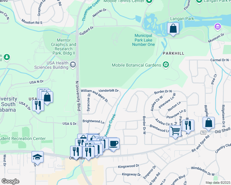 map of restaurants, bars, coffee shops, grocery stores, and more near 5467 Vanderbilt Drive in Mobile