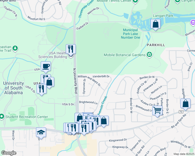 map of restaurants, bars, coffee shops, grocery stores, and more near 5516 Vanderbilt Drive in Mobile