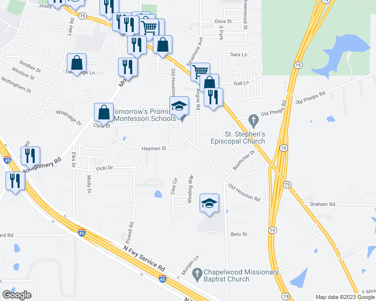 map of restaurants, bars, coffee shops, grocery stores, and more near 2940 Old Houston Road in Huntsville