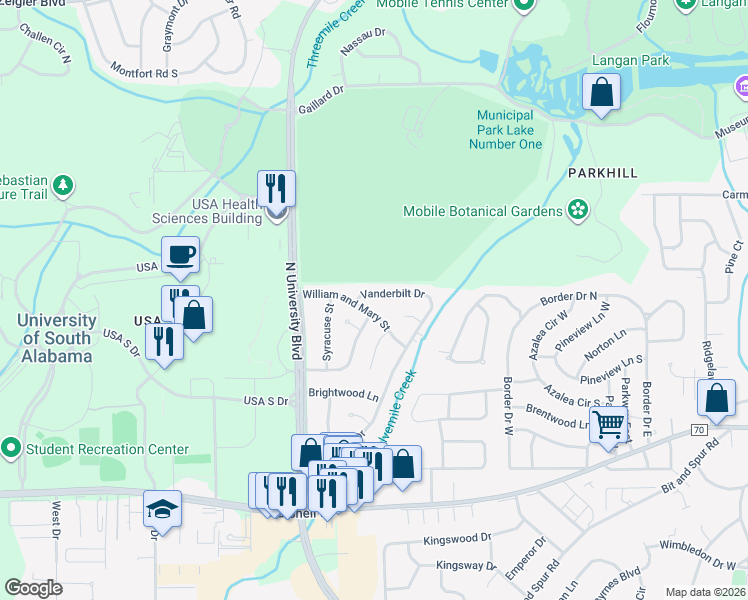 map of restaurants, bars, coffee shops, grocery stores, and more near 5516 Vanderbilt Drive in Mobile