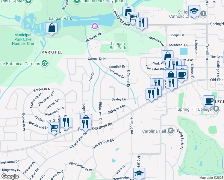 map of restaurants, bars, coffee shops, grocery stores, and more near 359 Charleston Court in Mobile