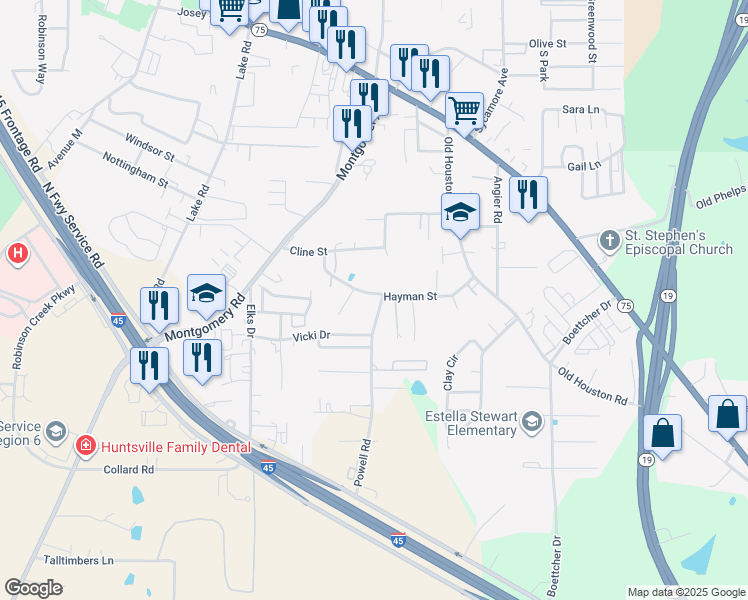 map of restaurants, bars, coffee shops, grocery stores, and more near 3002 Powell Road in Huntsville