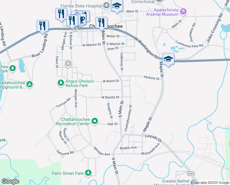 map of restaurants, bars, coffee shops, grocery stores, and more near 17 West Barnes Avenue in Chattahoochee