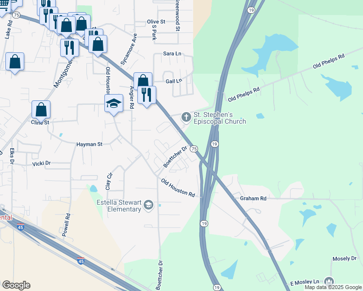 map of restaurants, bars, coffee shops, grocery stores, and more near 5050 Sam Houston Avenue in Huntsville
