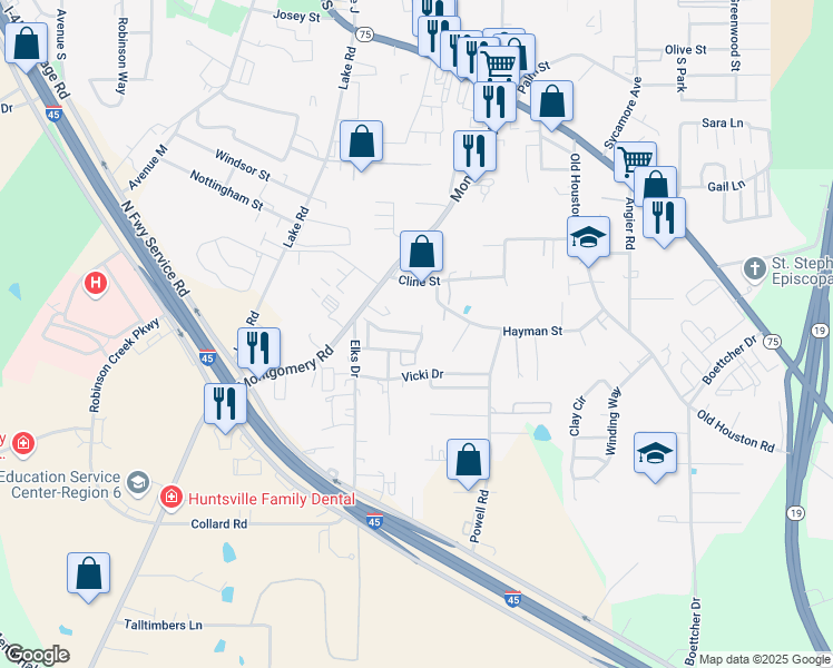 map of restaurants, bars, coffee shops, grocery stores, and more near 135 Bolero Way in Huntsville
