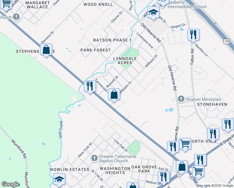 map of restaurants, bars, coffee shops, grocery stores, and more near 2905 Georgia Avenue in Bryan