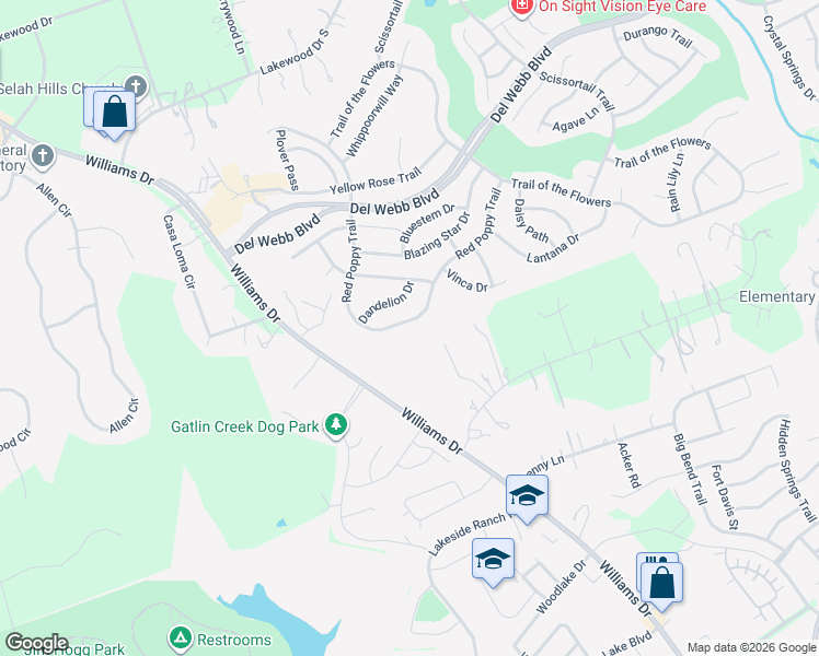 map of restaurants, bars, coffee shops, grocery stores, and more near 247 Red Poppy Trail in Georgetown