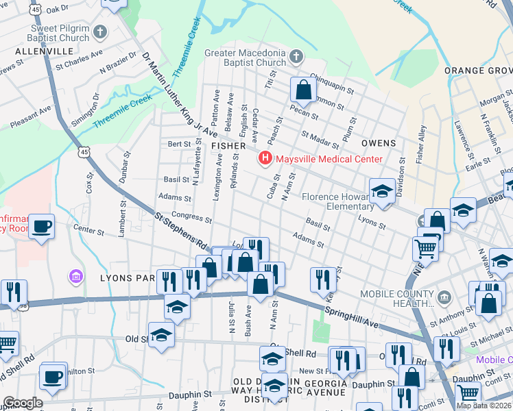 map of restaurants, bars, coffee shops, grocery stores, and more near 1319 Basil Street in Mobile