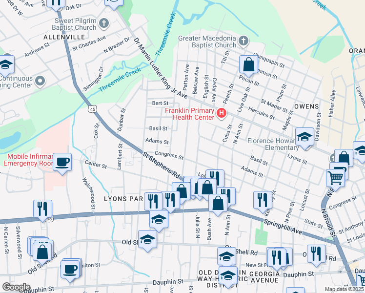 map of restaurants, bars, coffee shops, grocery stores, and more near 259 Lexington Avenue in Mobile