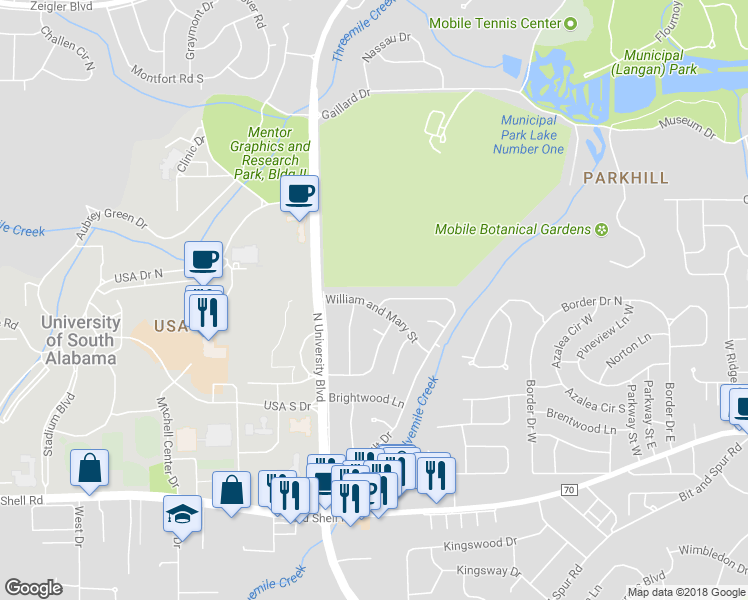 map of restaurants, bars, coffee shops, grocery stores, and more near 5614 William and Mary Street in Mobile