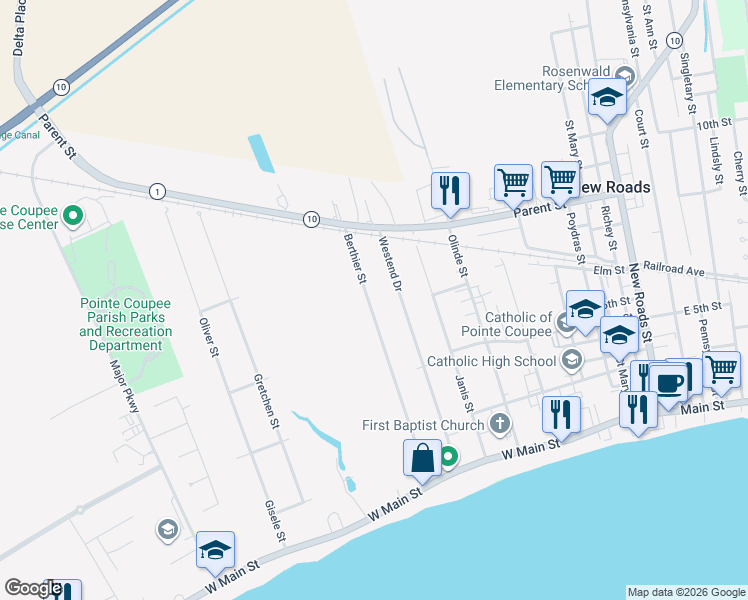map of restaurants, bars, coffee shops, grocery stores, and more near 908 Berthier Street in New Roads