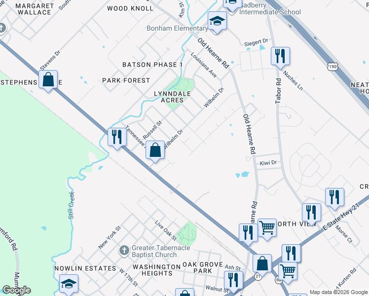 map of restaurants, bars, coffee shops, grocery stores, and more near 2707 Redcap Street in Bryan