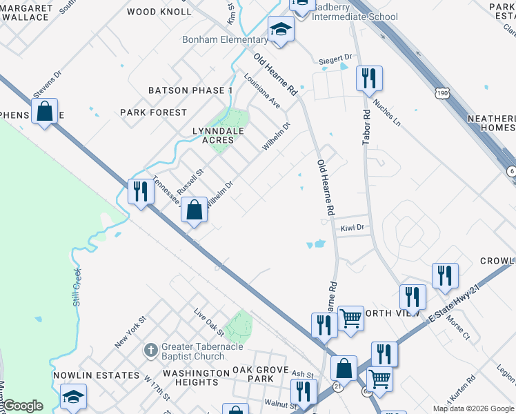 map of restaurants, bars, coffee shops, grocery stores, and more near 2805 Porter's Way in Bryan