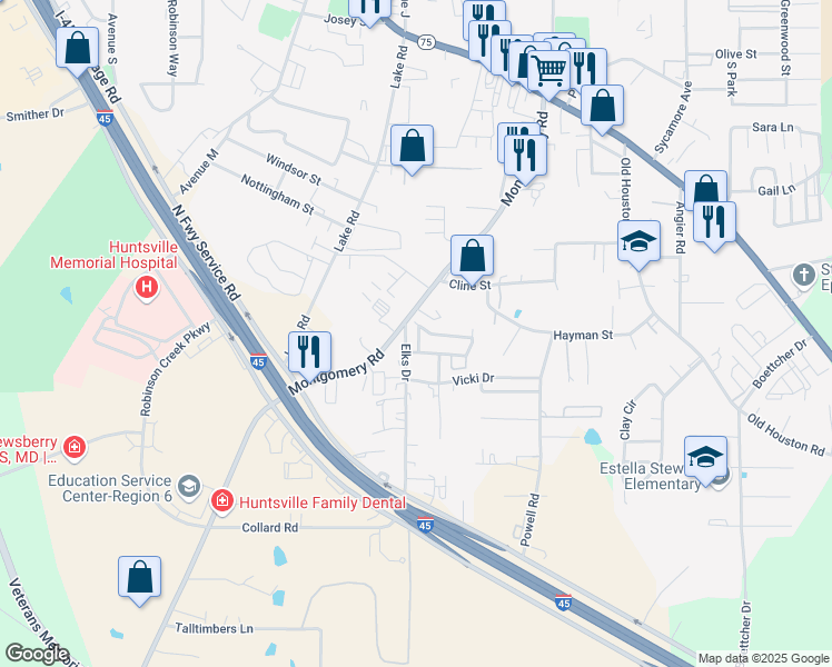map of restaurants, bars, coffee shops, grocery stores, and more near 106 Vista Way in Huntsville