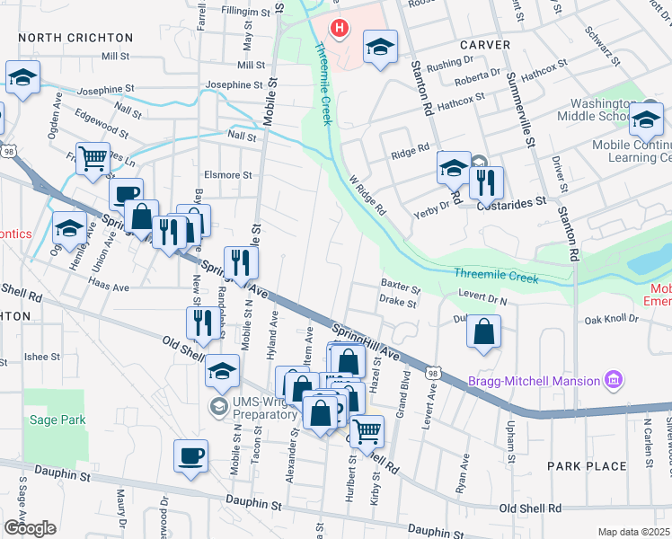 map of restaurants, bars, coffee shops, grocery stores, and more near 283 Wingfield Drive in Mobile