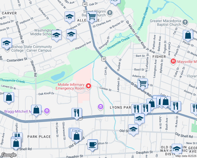 map of restaurants, bars, coffee shops, grocery stores, and more near 1700 Center Street in Mobile