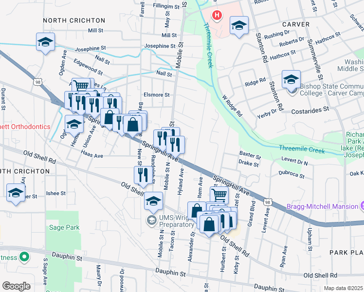 map of restaurants, bars, coffee shops, grocery stores, and more near 263 Del Barco Drive in Mobile