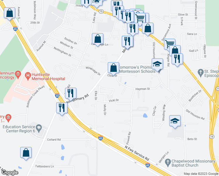 map of restaurants, bars, coffee shops, grocery stores, and more near 131 Bolero Way in Huntsville