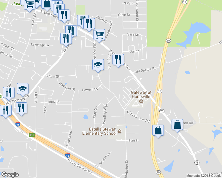 map of restaurants, bars, coffee shops, grocery stores, and more near 3001 Old Houston Road in Huntsville