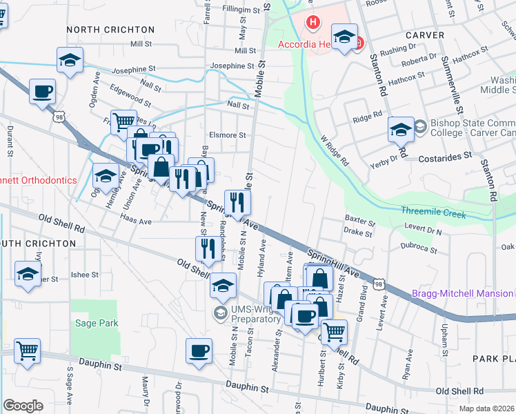map of restaurants, bars, coffee shops, grocery stores, and more near in Mobile
