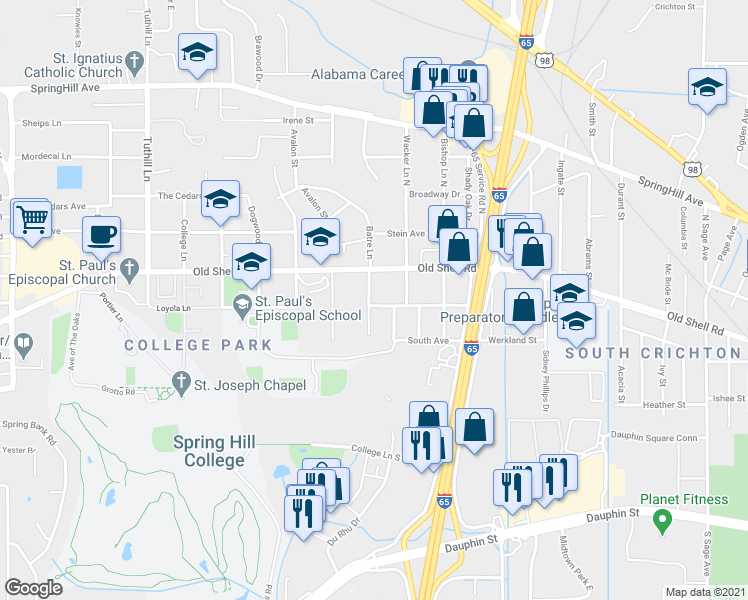 map of restaurants, bars, coffee shops, grocery stores, and more near 203 South Hillside Lane in Mobile