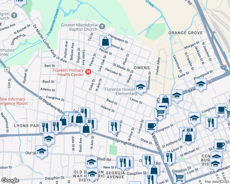 map of restaurants, bars, coffee shops, grocery stores, and more near 1200 Glennon Avenue in Mobile