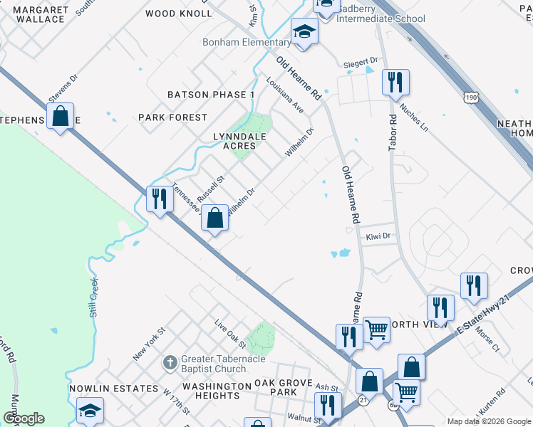 map of restaurants, bars, coffee shops, grocery stores, and more near 2707 Redcap Street in Bryan