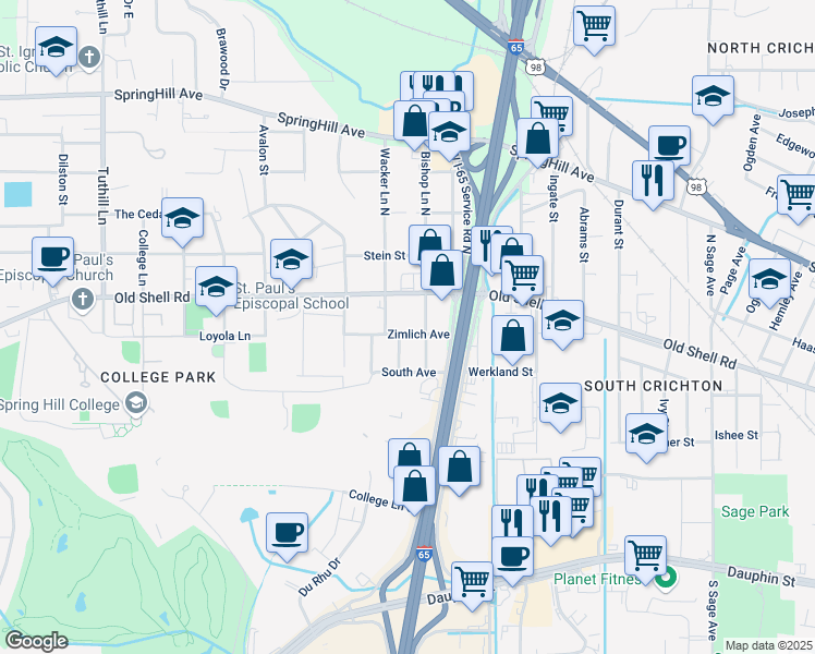 map of restaurants, bars, coffee shops, grocery stores, and more near 3258 Zimlich Avenue in Mobile
