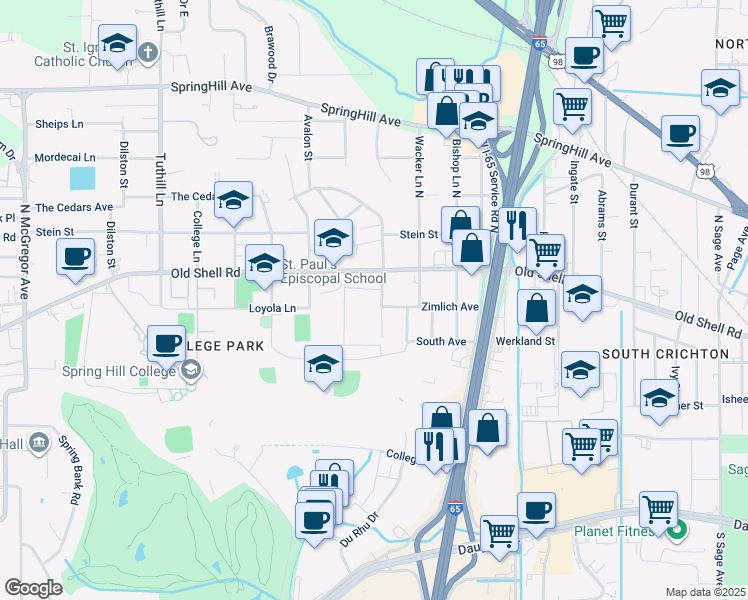 map of restaurants, bars, coffee shops, grocery stores, and more near 203 South Hillside Lane in Mobile