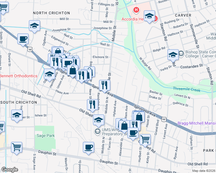 map of restaurants, bars, coffee shops, grocery stores, and more near 310 Mobile St in Mobile