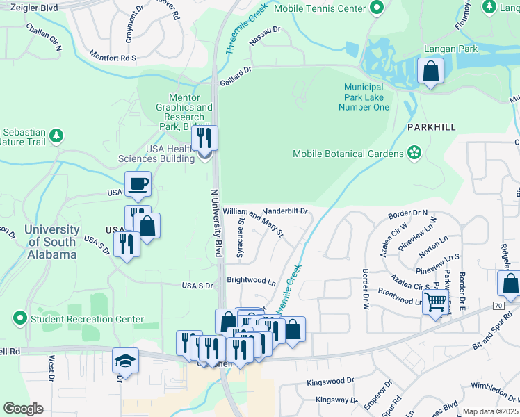 map of restaurants, bars, coffee shops, grocery stores, and more near 5566 Vanderbilt Drive in Mobile