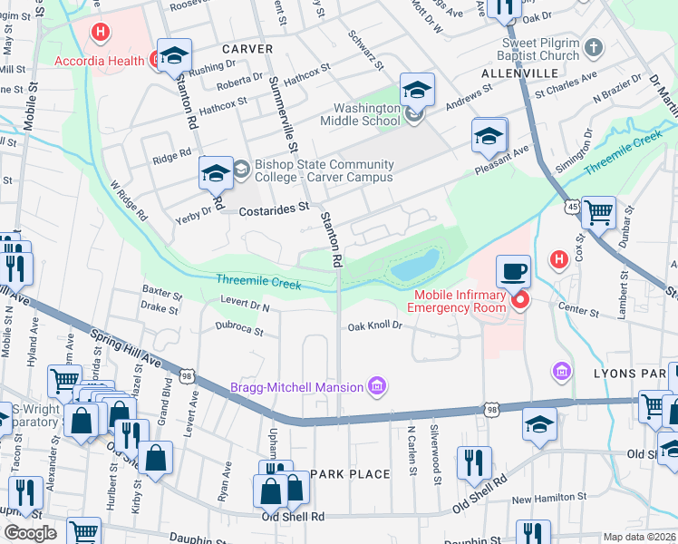 map of restaurants, bars, coffee shops, grocery stores, and more near 320 Stanton Road in Mobile