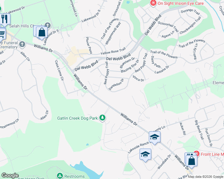 map of restaurants, bars, coffee shops, grocery stores, and more near 101 Dandelion Drive in Georgetown