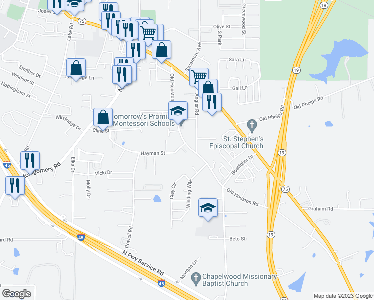 map of restaurants, bars, coffee shops, grocery stores, and more near 2930 Old Houston Road in Huntsville