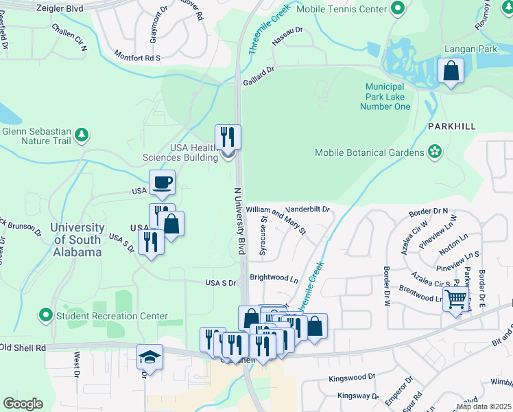 map of restaurants, bars, coffee shops, grocery stores, and more near 5658 William and Mary Street in Mobile