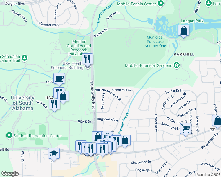 map of restaurants, bars, coffee shops, grocery stores, and more near 5566 Vanderbilt Drive in Mobile